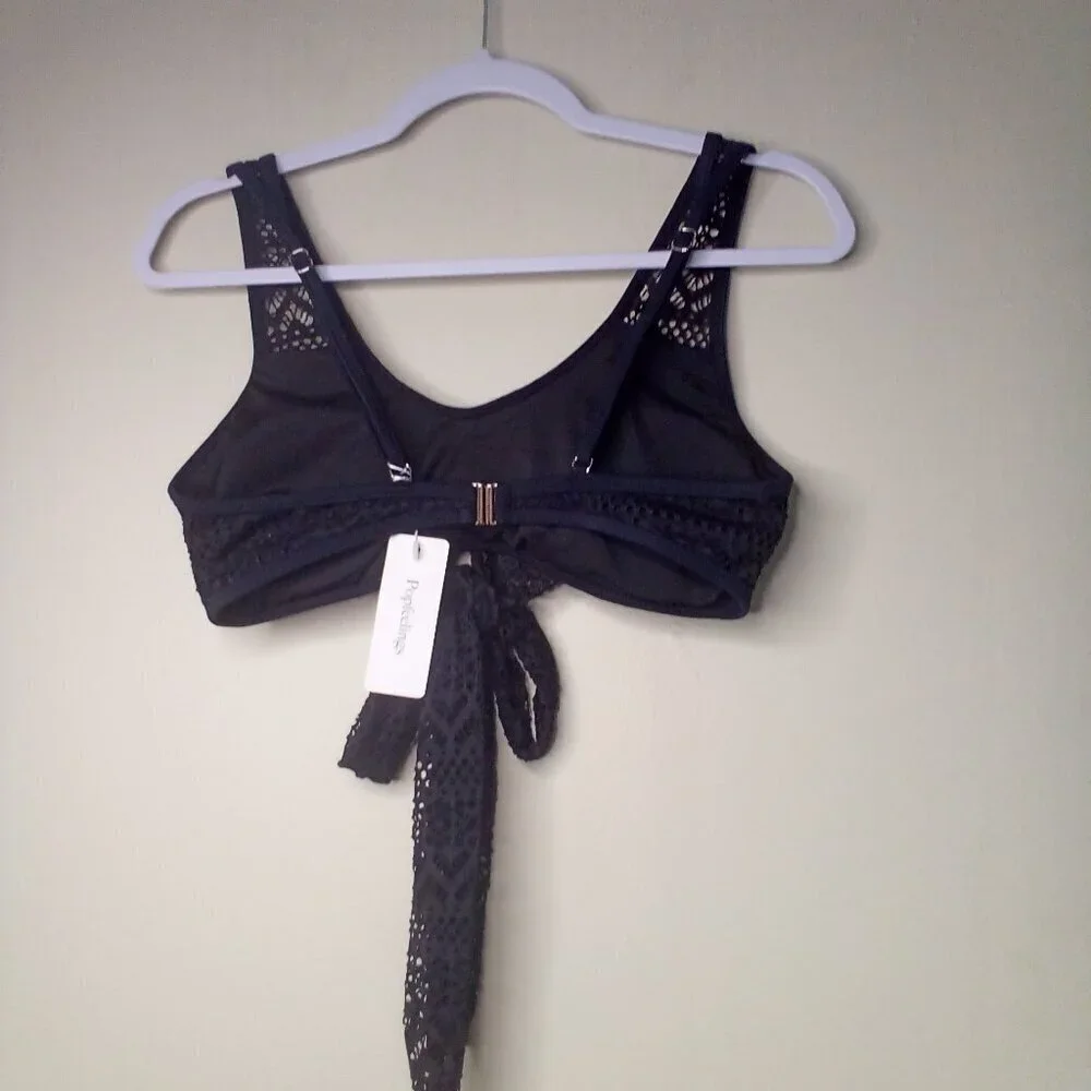 Popfeelings Bikini Top Women M Swim Crochet Bow Padded Cups Black